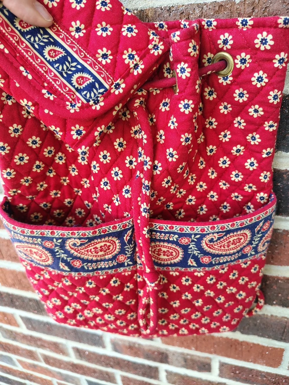 Vtg Vera Bradley Quilted Drawstring Backpack & Trifold Wallet Set Red Paisley